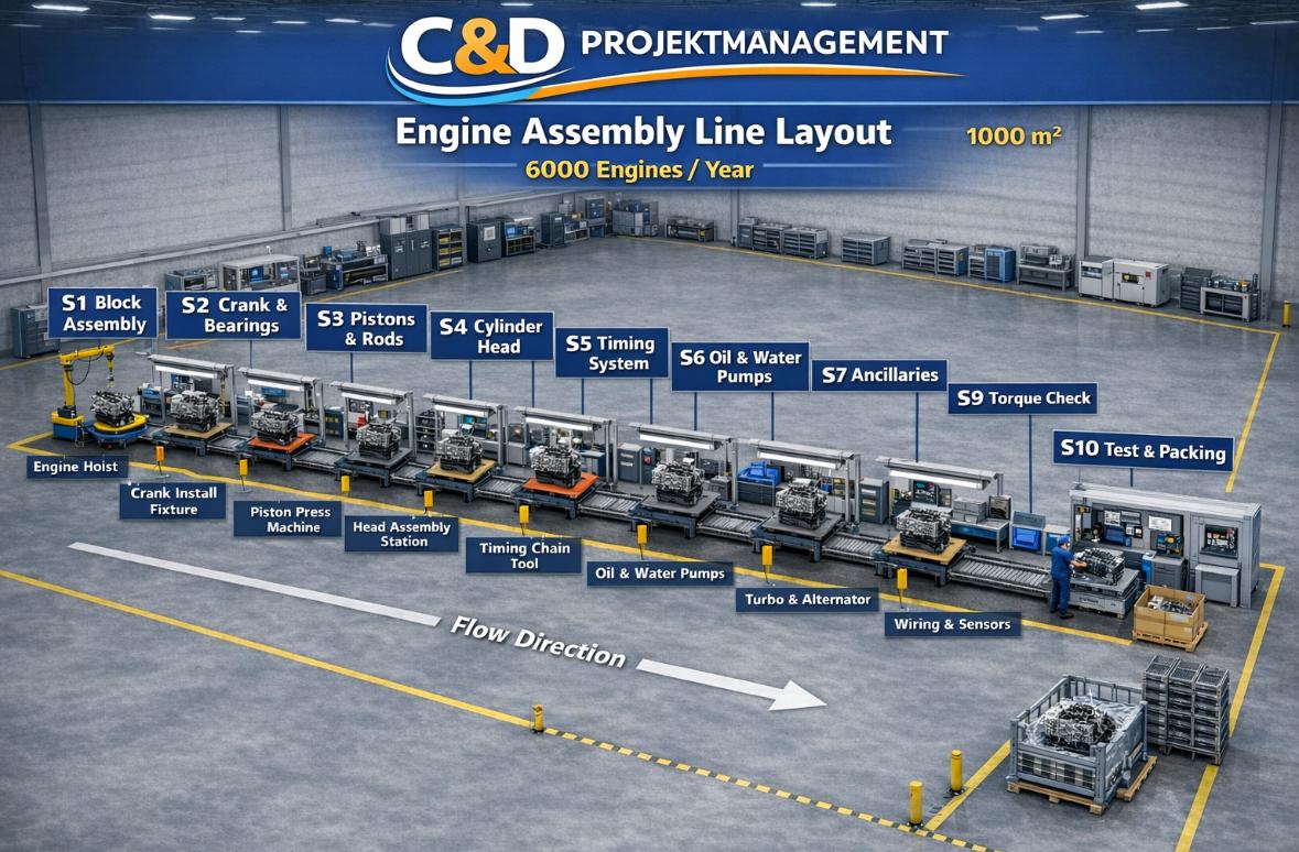 C&D engine assembly line layout — 1000 m², 6000 engines/year